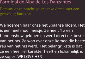 Formigal de Alba de Los Danzantes Femmy onze prachtige spaanse dame met een geweldig karakter. We noemen haar onze het Spaanse bloem. Het is een heel mooi meisje. Ze heeft 1 x een hondenshow gelopen en werd direct de  beste van het ras. Ze won over onze Romeo die beste reu van het ras werd.  Het belangrijkste is dat ze een heel lief karakter heeft en lichamelijk is ze super..WE LOVE HER